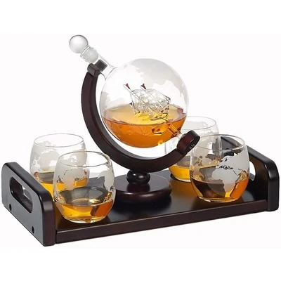 Etched Globe Whiskey Decanter Set + 4 Whisky Glasses+