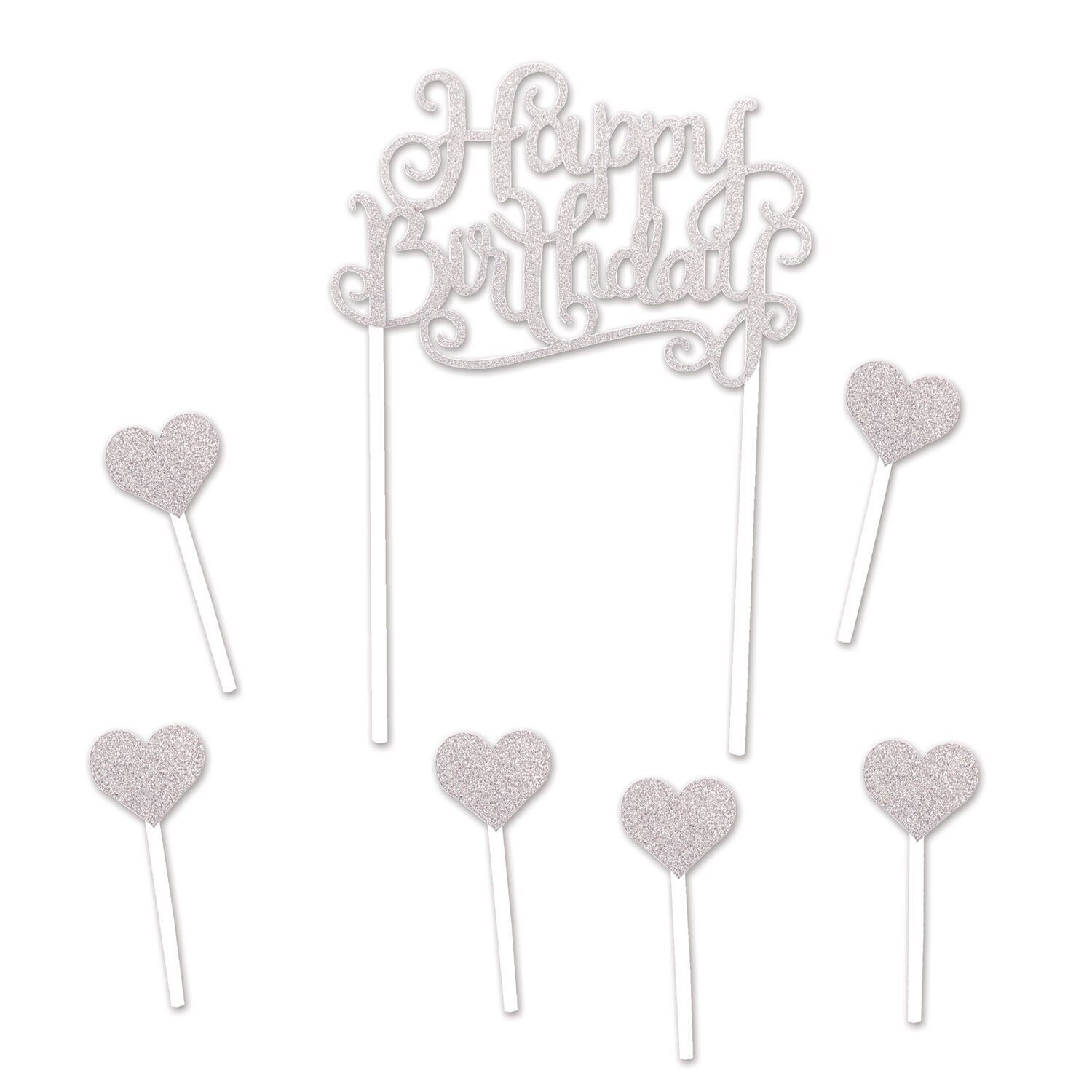Happy Birthday Silver Glittery Cake Topper+