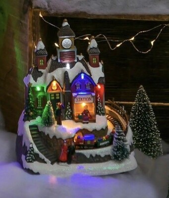 8” LED Train Station Scene with Animated Train and 8 Holiday Songs+