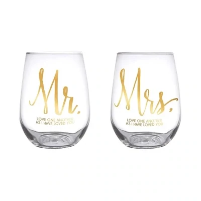 Stemless Glass Set - Mr & Mrs+