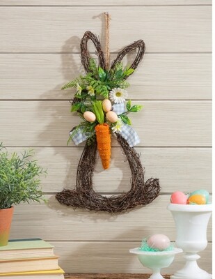 18” Rattan Bunny with Plaid Bow and Carrot Embellishment Door Decor+
