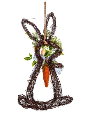 18” Rattan Bunny with Plaid Bow and Carrot Embellishment Door Decor+
