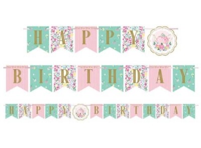 Floral Tea Party Happy Birthday Banner AMZ+