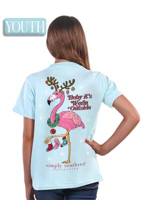 Youth Simply Southern &#39;Baby It&#39;s Warm Outside&#39; Flamingo Christmas Short Sleeve Tee +