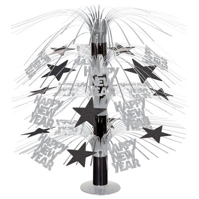 Happy New Year Cascade Silver and Black Centerpiece 18&quot;+