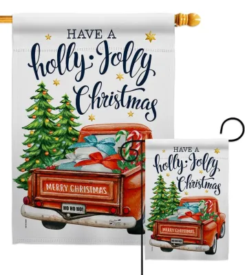 Holly Jolly Christmas Wintertime Red Farm Truck Decor Flag+
