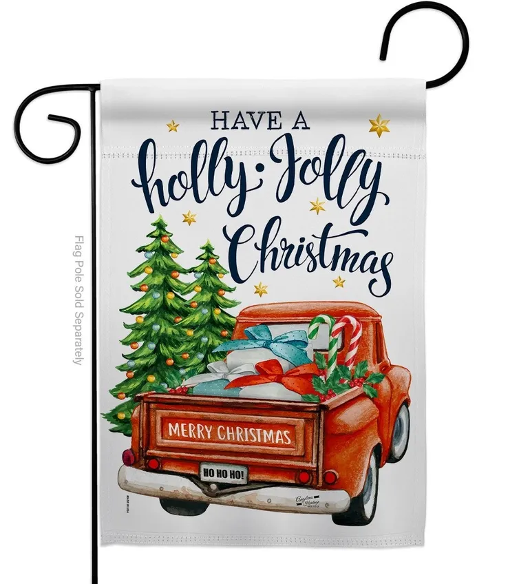 Holly Jolly Christmas Wintertime Red Farm Truck Decor Flag+