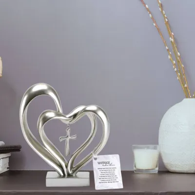 Tabletop Silver Double Heart w/ Cross+