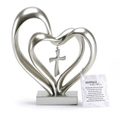 Tabletop Silver Double Heart w/ Cross+