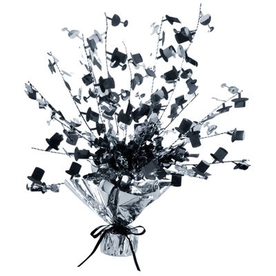 Champagne Glass &amp; Top Hat Black and Silver Centerpiece 15" AMZ+