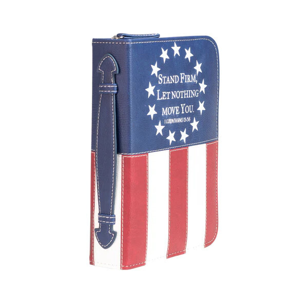 DIVINE DETAILS: XL BIBLE COVER: US FLAG STAND FIRM - 1 CORINTHIANS 15:58