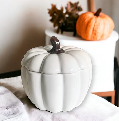 White Ceramic Pumpkin Candle - White Pumpkin and Amber Fields