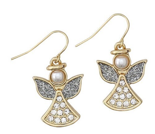 Silver Gold Crystal Angel with Pearl Earrings