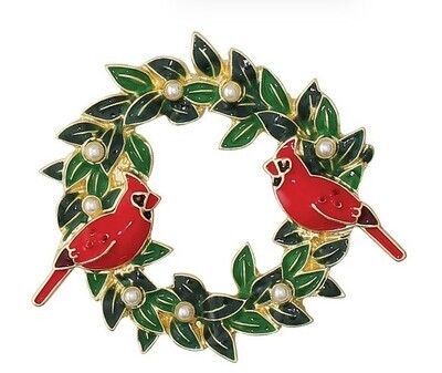 Cardinals on Holly Wreath Pin