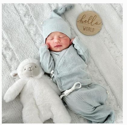 Blue  "made with love" Organic Cotton Pointelle 3pc Layette Set