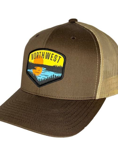 Sunset Lake Trees Patch Curved Bill Trucker, Color: Brown-Tan
