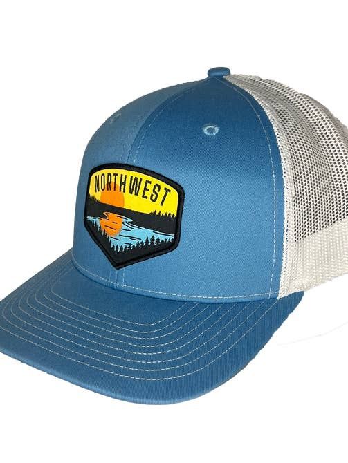 Sunset Lake Trees Patch Curved Bill Trucker