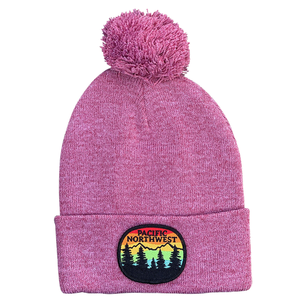 Rainbow Sky PNW Pom Pom Beanie, Color: Heather Cardinal