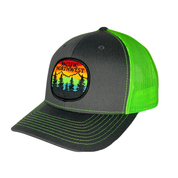 Rainbow Sky PNW  Curved Bill Trucker, Color: Gray-NeonGreen
