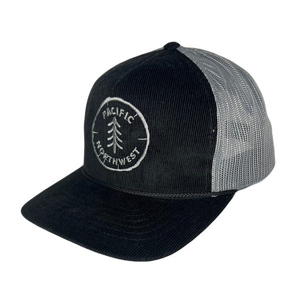 PNW Tree Ring Corduroy Curved Bill Trucker Hat, Color: Black-Gray