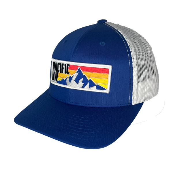Pacific NW Stripes Patch Curved Bill Trucker, Color: RoyalBlue-White