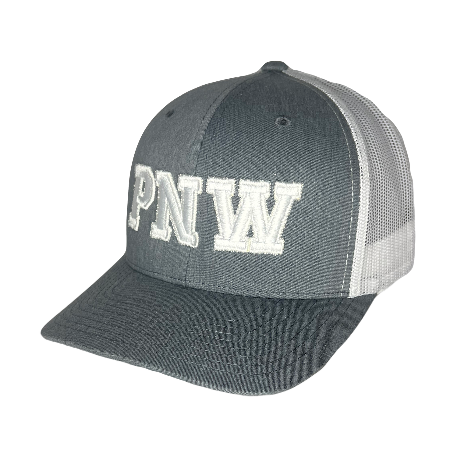 PNW Puff Letters Curved Bill Trucker Hat, Color: Lt. Grey-White