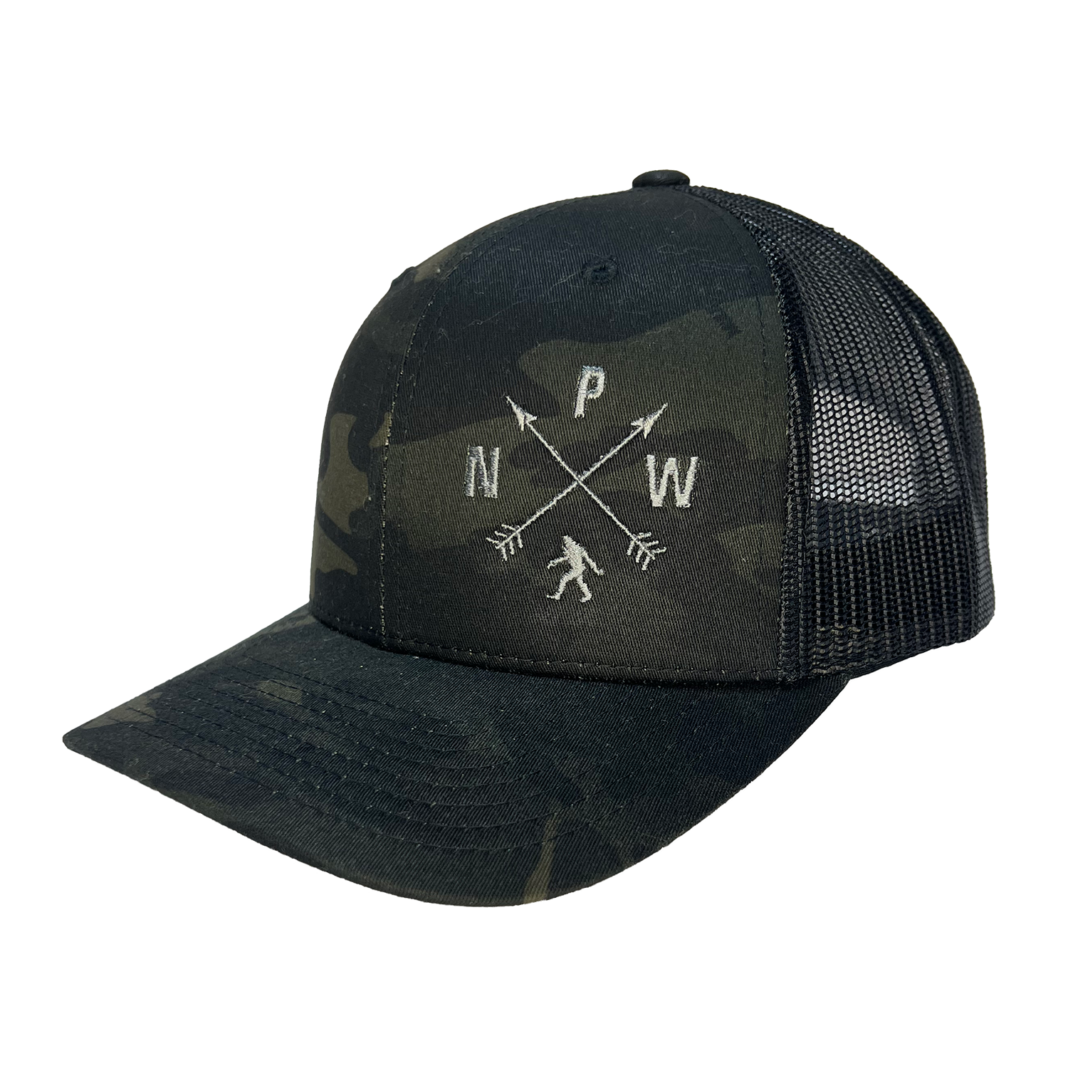 Sasquatch Arrows Curved Bill Trucker, Color: Black-Camo