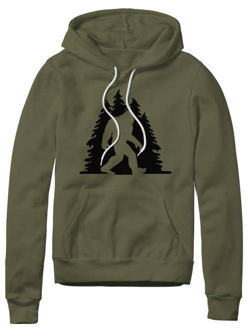 Sasquatch in Trees  Pullover Hoodie, Color: Heather Olive, Size: Large