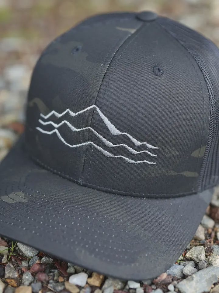 Simple Mountains Curved Bill Trucker, Color: Black Camo