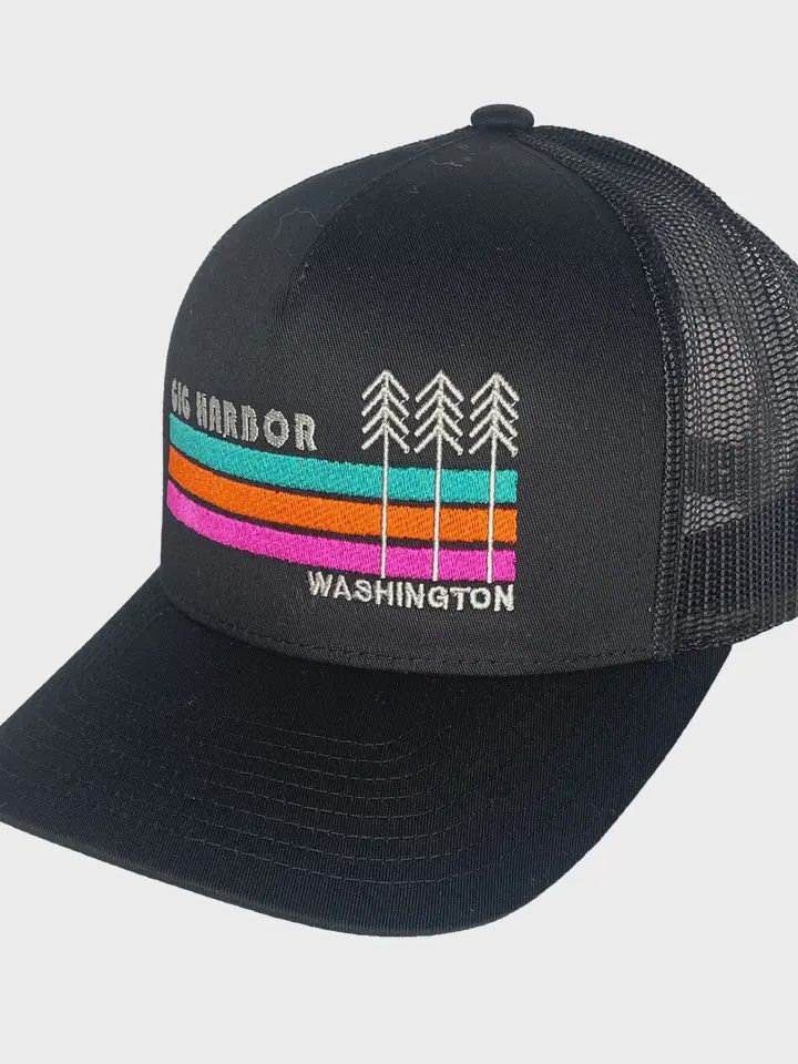 Stripes and Trees Curved Bill Trucker, Color: Black, City: Gig Harbor
