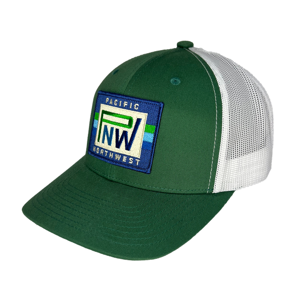 PNW Block BlueGreen Patch Curved Bill Trucker
