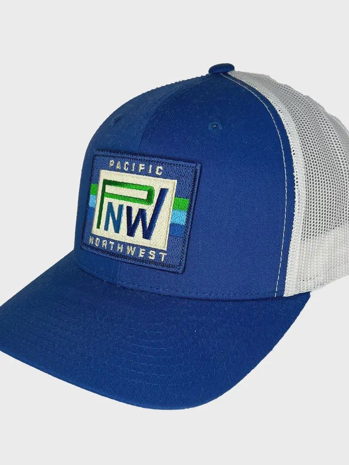 PNW Block BlueGreen Patch Curved Bill Trucker, Color: Royal-White
