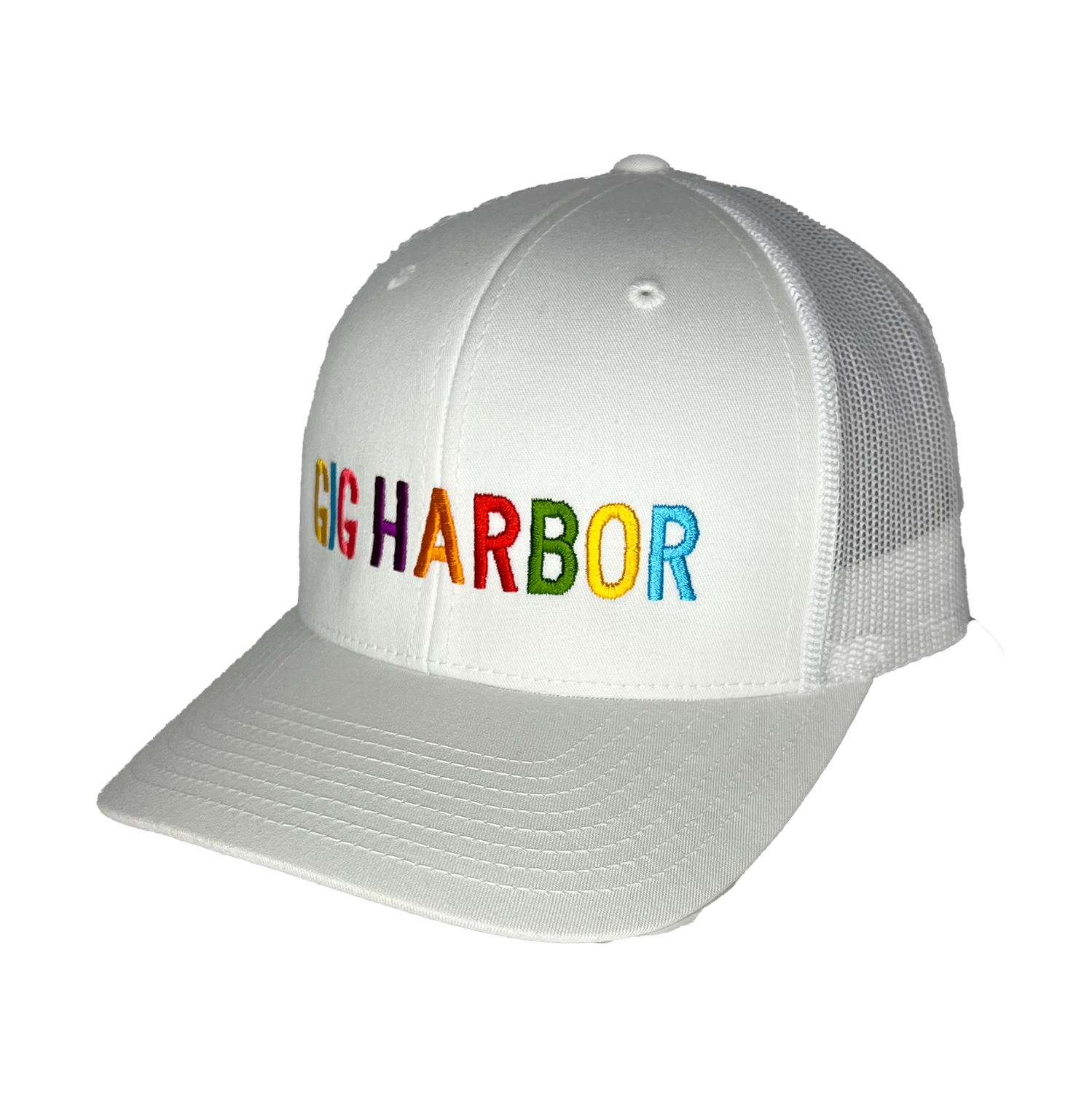 Rainbow Simple City Curved Bill Trucker, Color: White, Text: Gig Harbor