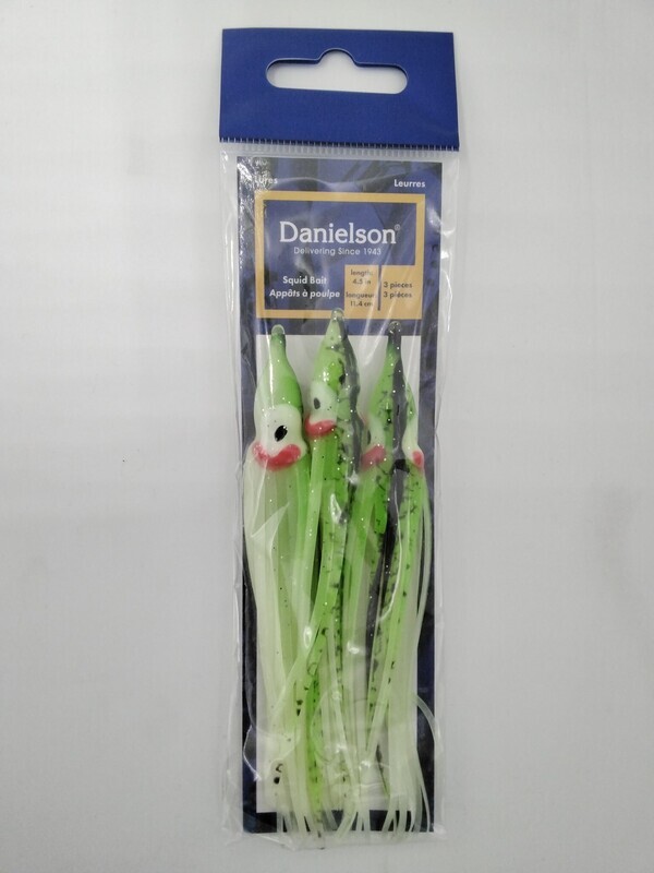 Danielson SQD453108 Squid Bait 4.5&#39;&#39; Glow Green-Black Str/Spl 3pk