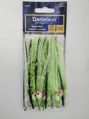 Danielson SQD4510108 Squid Bait 4.5&#39;&#39; Glow Green-Black Str/Spl 10pk