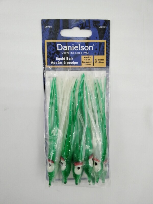 Danielson Squid Bait Skirt 4.5&#39;&#39; SQD4510102 Green/Pearl White/Silver Glow 10pk