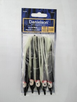 Danielson SQD4510114 Squid Bait 4.5&#39;&#39; Glow/Black Silver Glitter 10pk