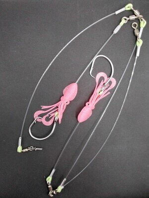 B&amp;J Halibut Double 3W Rig w/4.5" Twin Tail Squid Skirt Pink 16/0