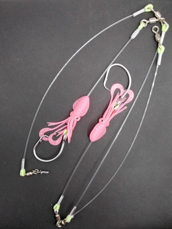 B&amp;J Halibut Double 3W Rig w/4.5" Twin Tail Squid Skirt Pink 16/0