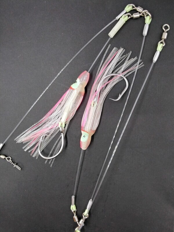 B&amp;J Halibut Double 3W Rig w/7.5" Squid Skirt Clear/Pink 16/0