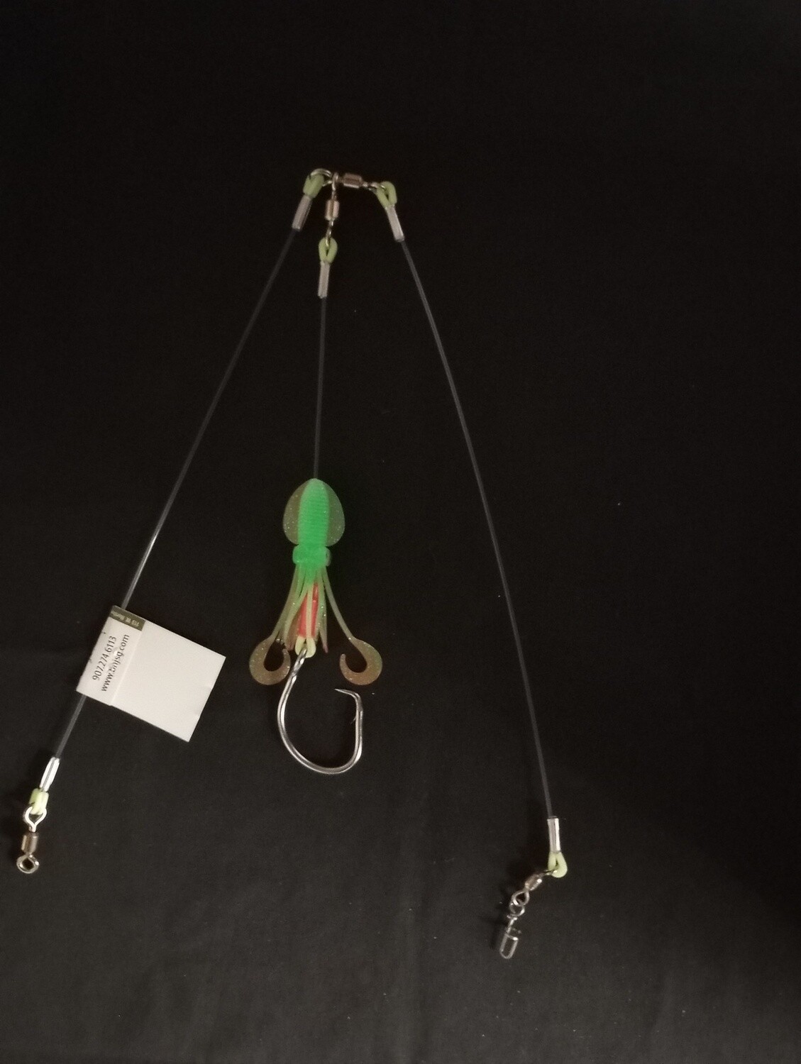 B&amp;J Halibut Single 3W Rig w/4.5&quot; Twin Tail Squid Skirt Pink/Grn Glit 16/0