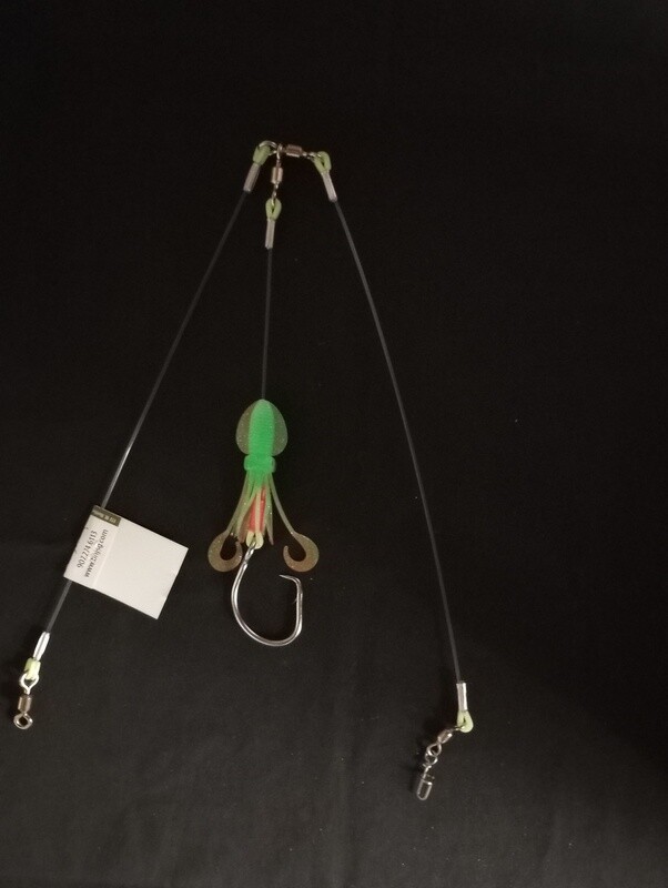 B&amp;J Halibut Single 3W Rig w/4.5" Twin Tail Squid Skirt Pink/Grn Glit 16/0