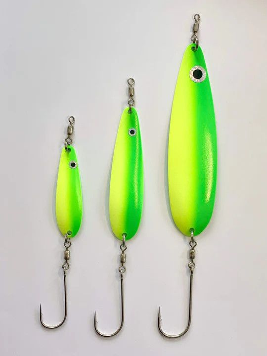 All Rigged &quot;Helldiver&quot; Trolling Spoon 5.5&quot; Dark Green/Yellow Glow