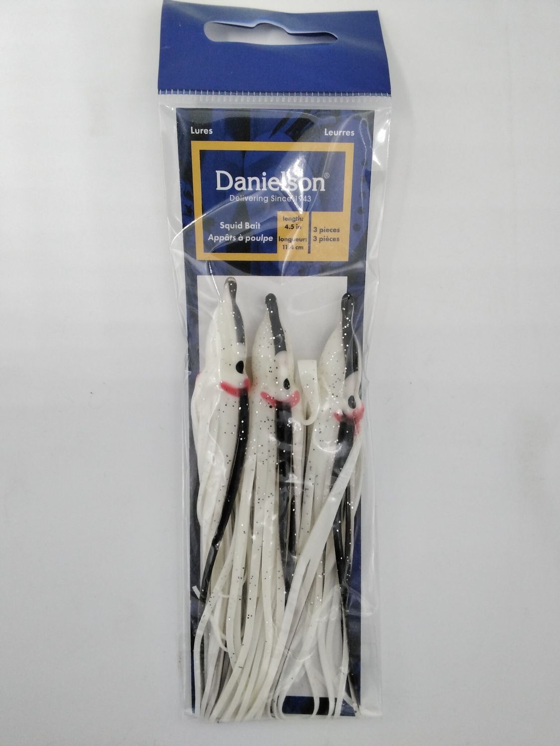 Danielson SQD453144 Squid Bait 4.5&#39;&#39; White/Blstr/Silver Glitter 3pk