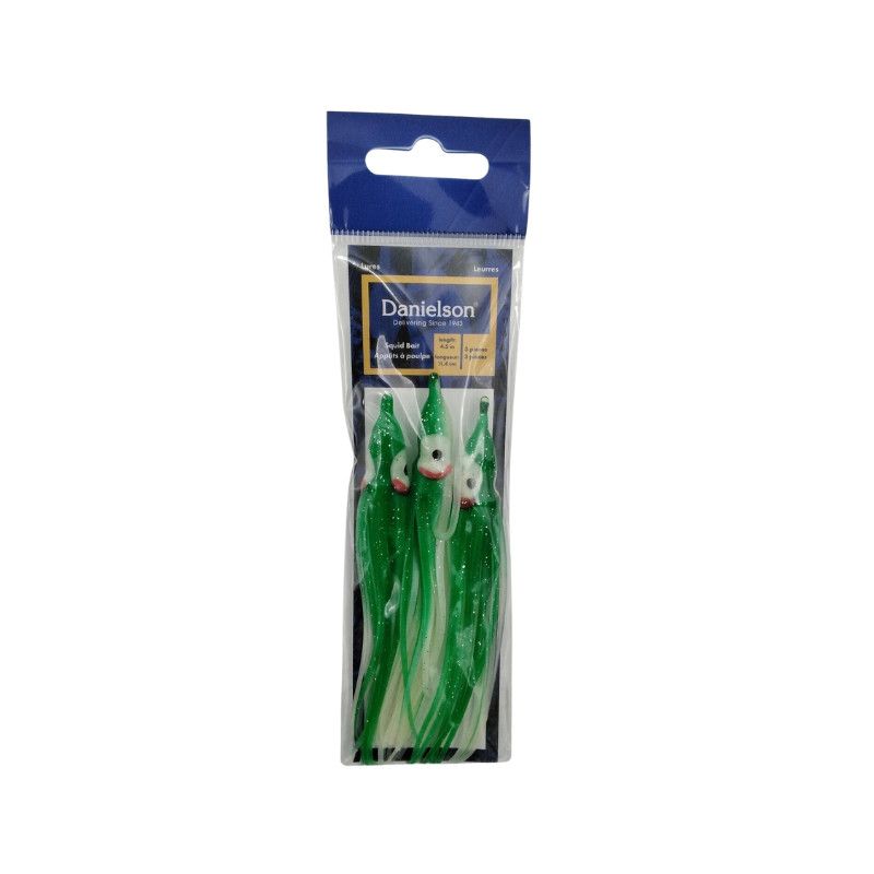 Danielson Squid Bait Skirt 4.5&#39;&#39; SQD453102 Emerald Green / Pearl White / Silver 3pk