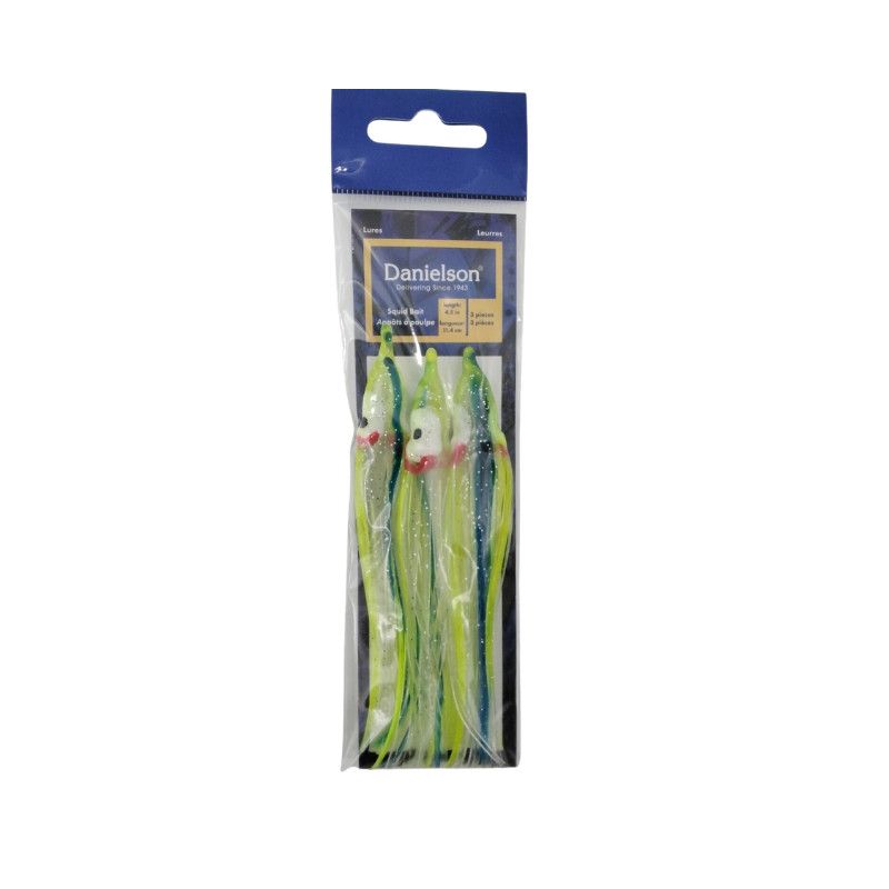 Danielson Squid Bait Skirt 4.5&#39;&#39; SQD453132 UV Clear / Chartreuse / Blue Streak 3pk