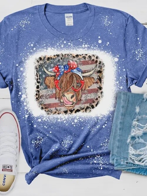 Highland Cow July 4th Bleached Tee