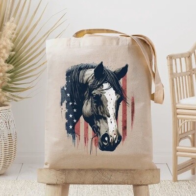 American Flag Patriotic Horse Head Canvas Tote Bag