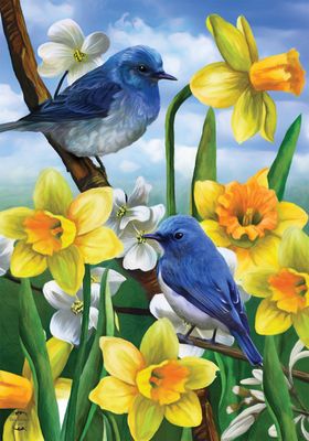 Bluebirds and Daffodils Garden Flag