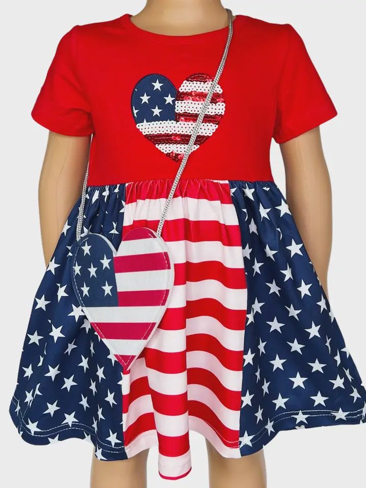 Girls 4th of July American Flag Heart Swing Dress & Purse